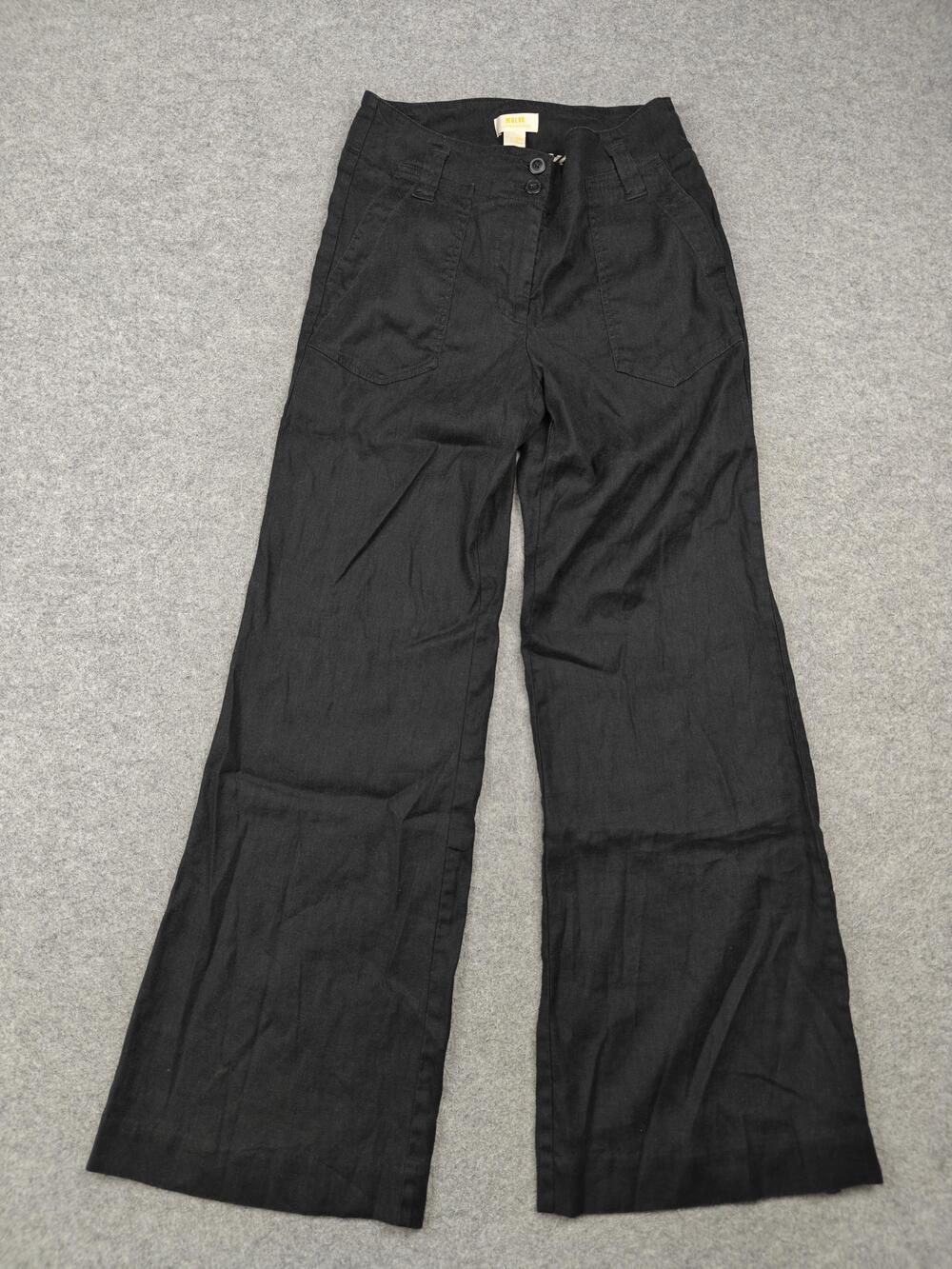 Maeve Pants Womens 8 Black Wide-Leg Linen Viscose Stretch Pockets Flat Front